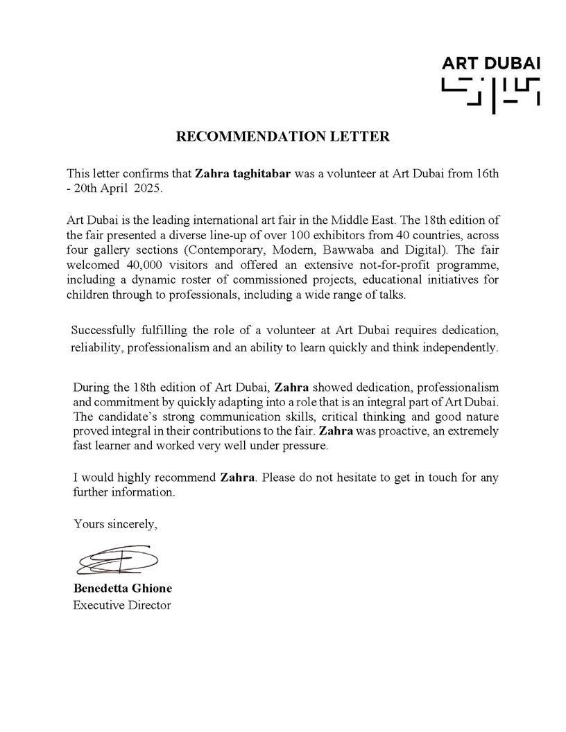 Art Dubai Recommendation Letter